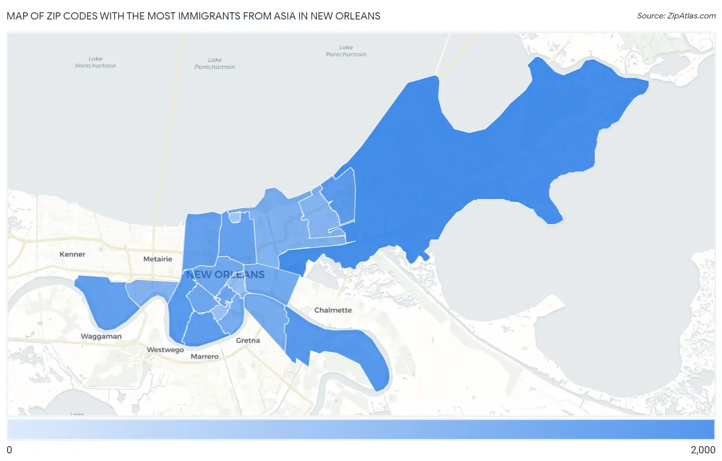 Zip Codes with the Most Immigrants from Asia in New Orleans Map