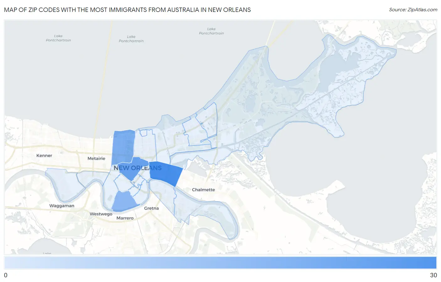 Zip Codes with the Most Immigrants from Australia in New Orleans Map