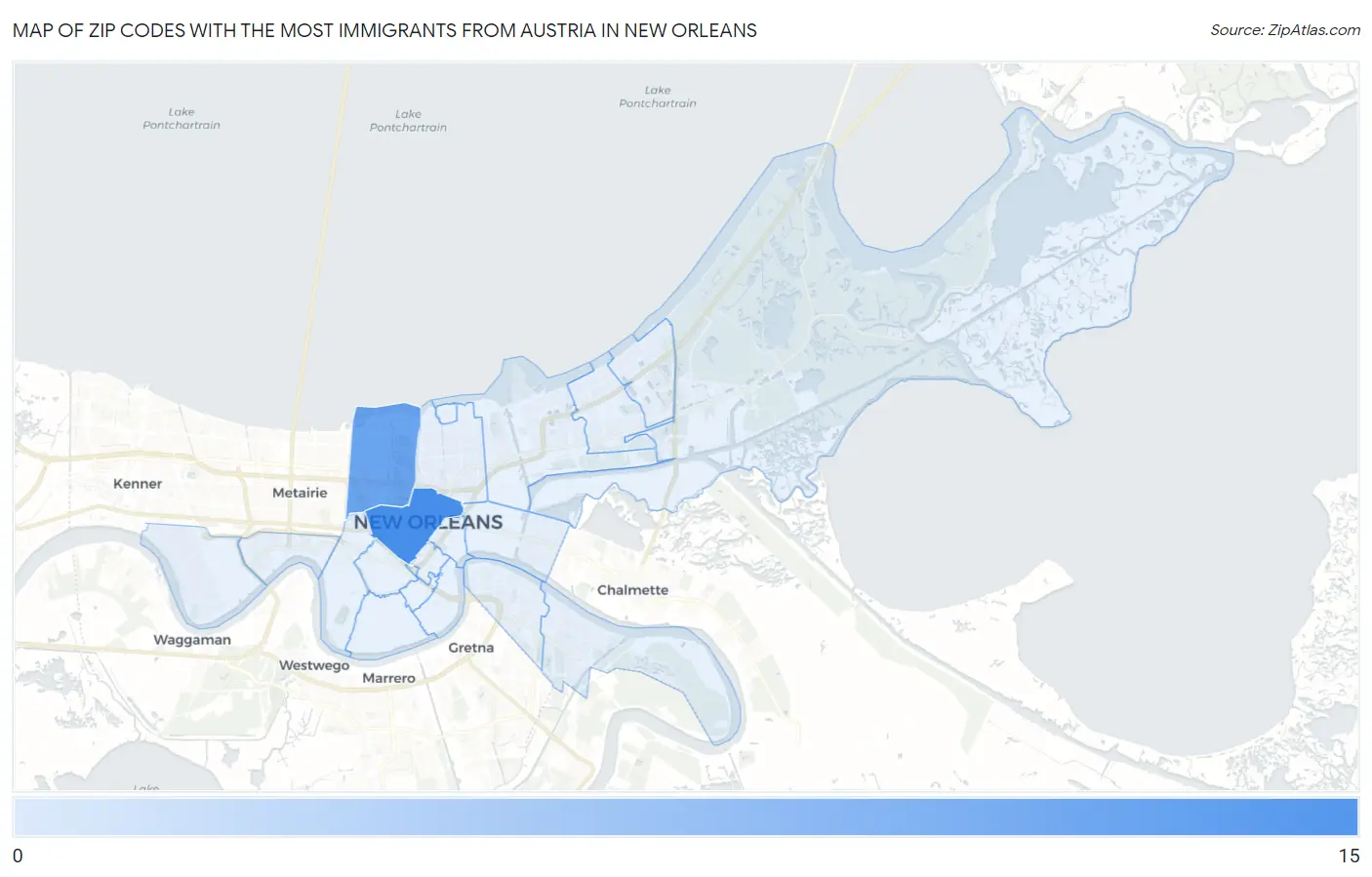 Zip Codes with the Most Immigrants from Austria in New Orleans Map