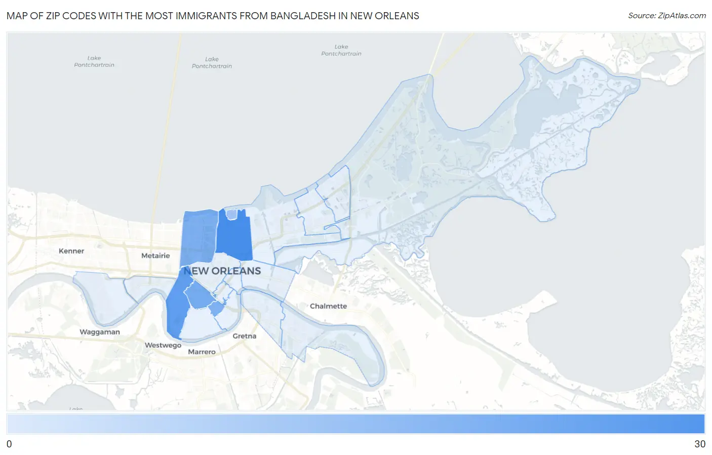 Zip Codes with the Most Immigrants from Bangladesh in New Orleans Map
