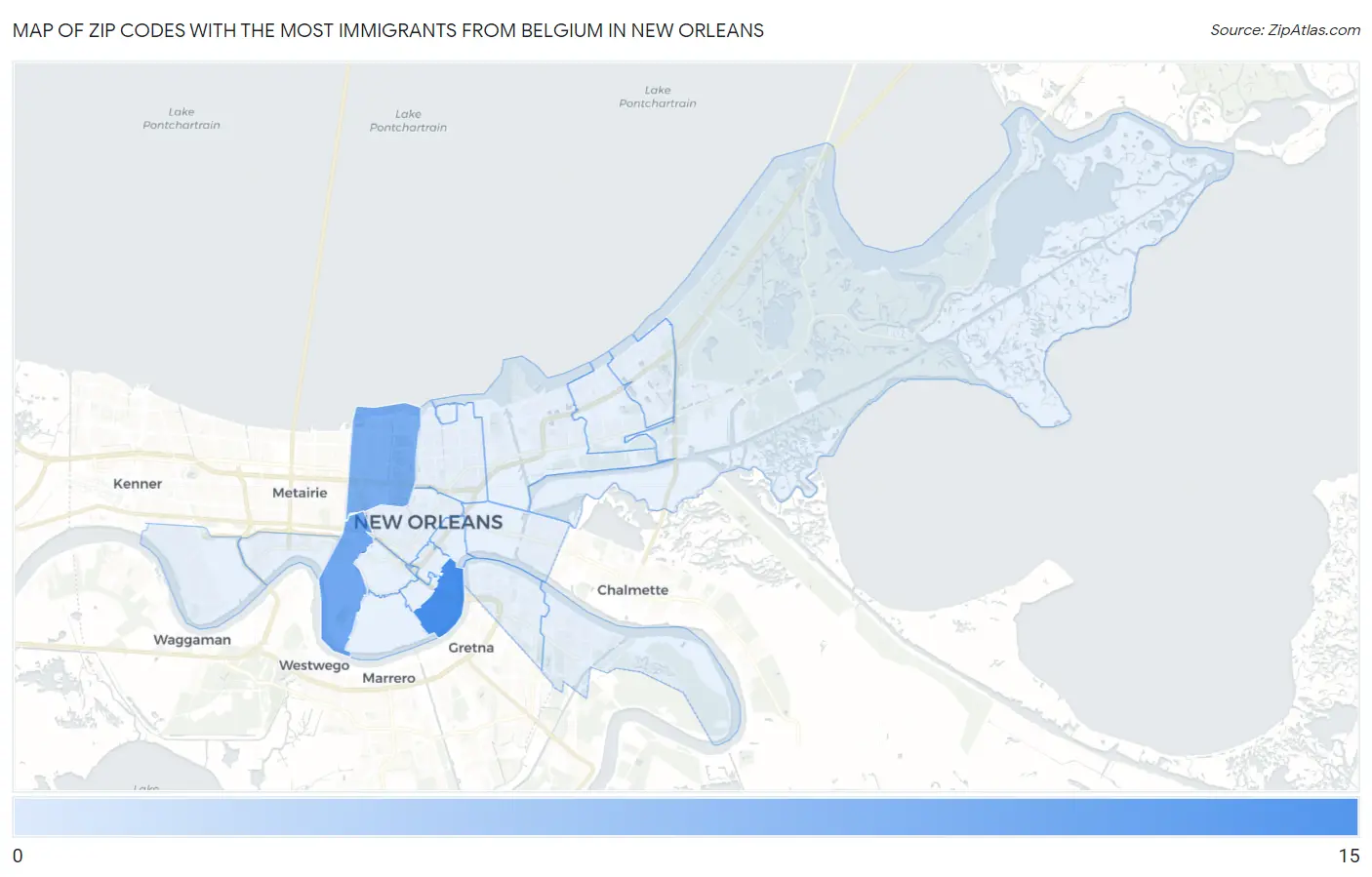 Zip Codes with the Most Immigrants from Belgium in New Orleans Map