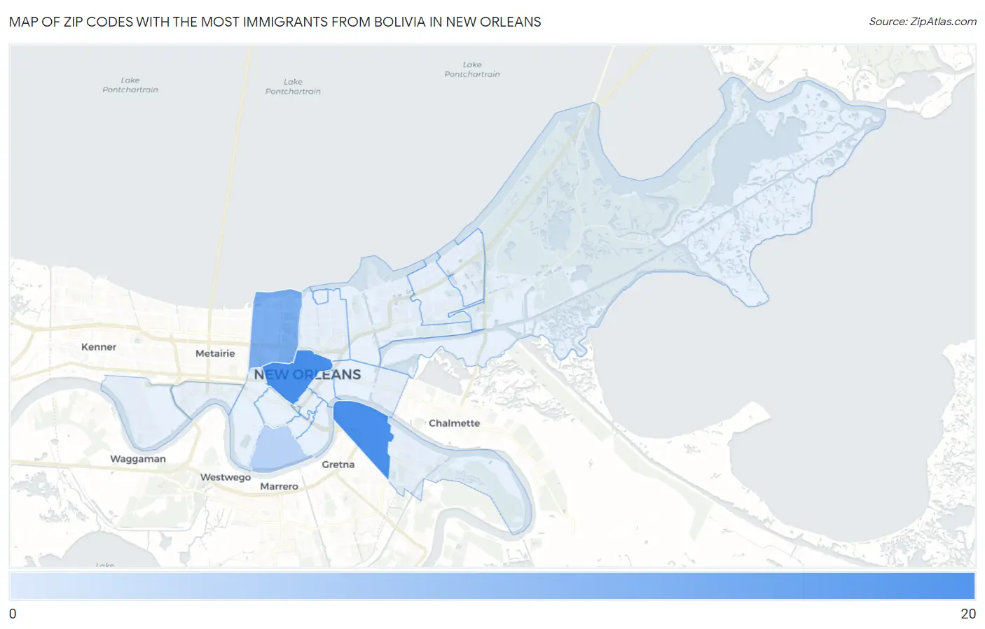 Zip Codes with the Most Immigrants from Bolivia in New Orleans Map