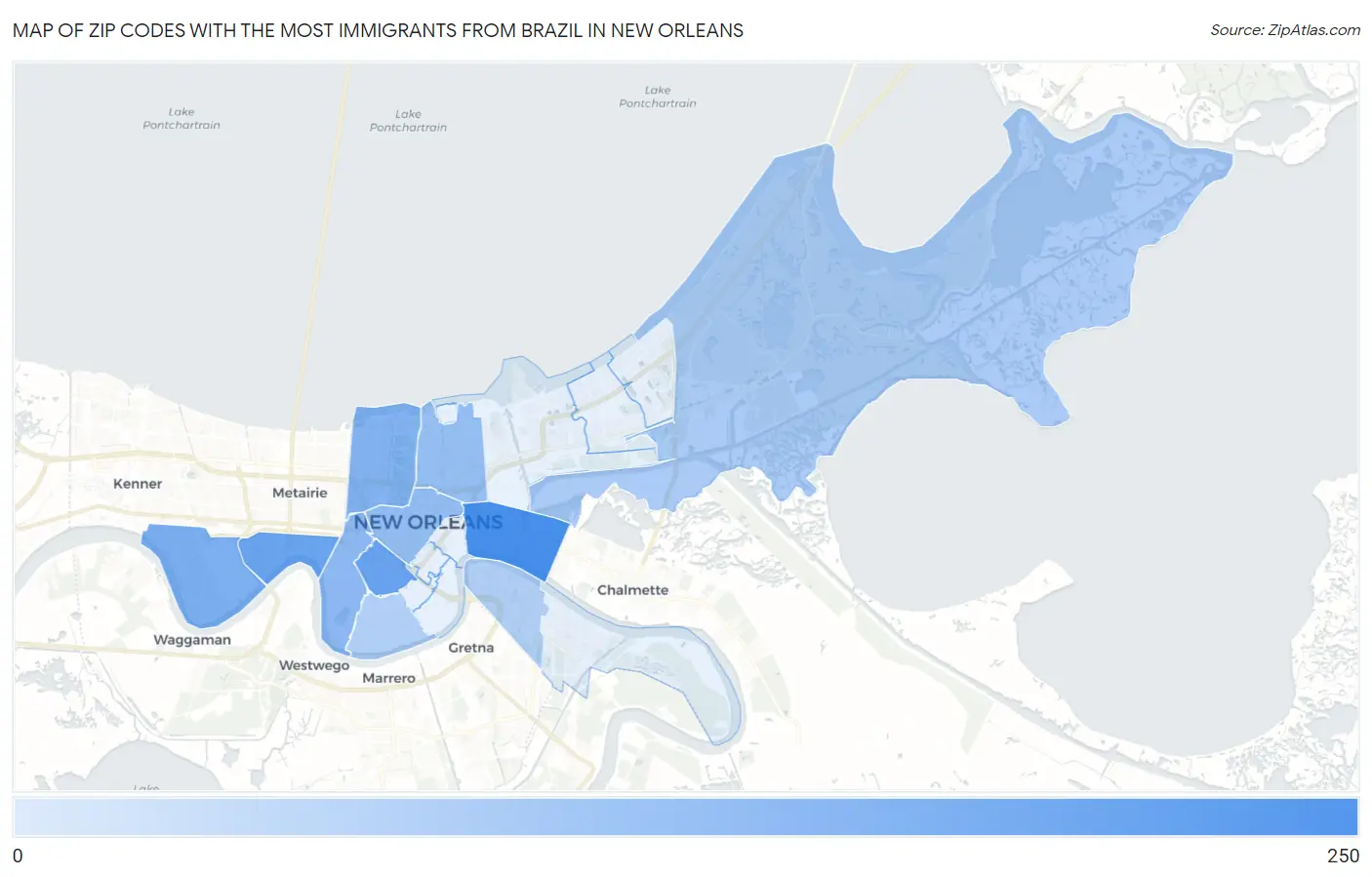Zip Codes with the Most Immigrants from Brazil in New Orleans Map