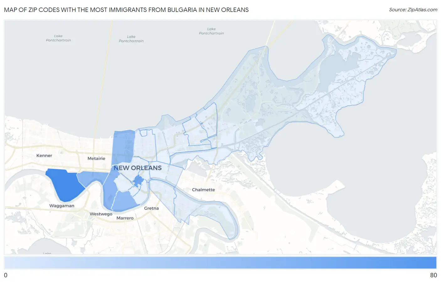 Zip Codes with the Most Immigrants from Bulgaria in New Orleans Map