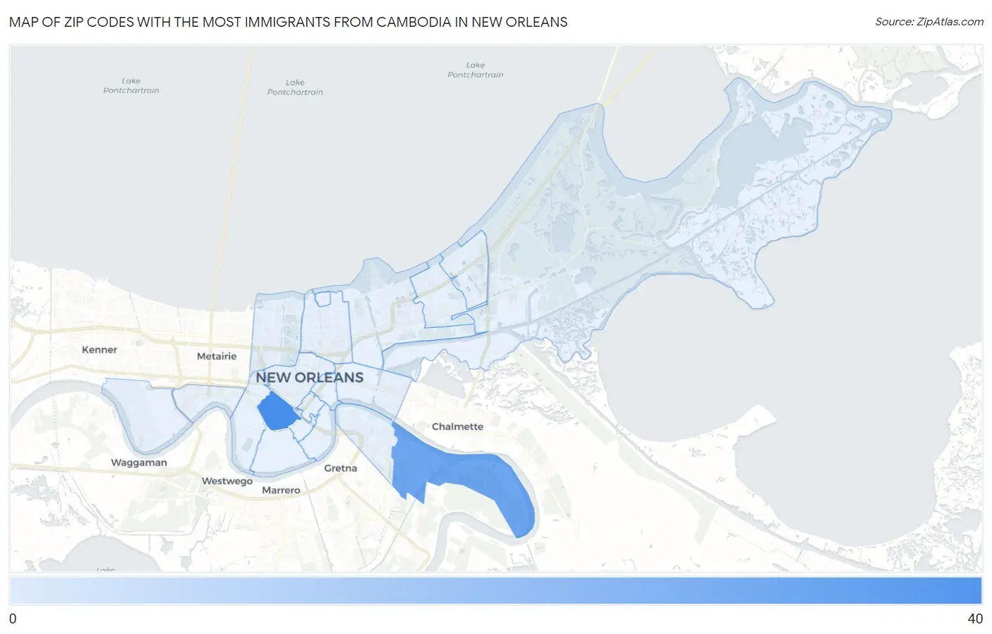 Zip Codes with the Most Immigrants from Cambodia in New Orleans Map