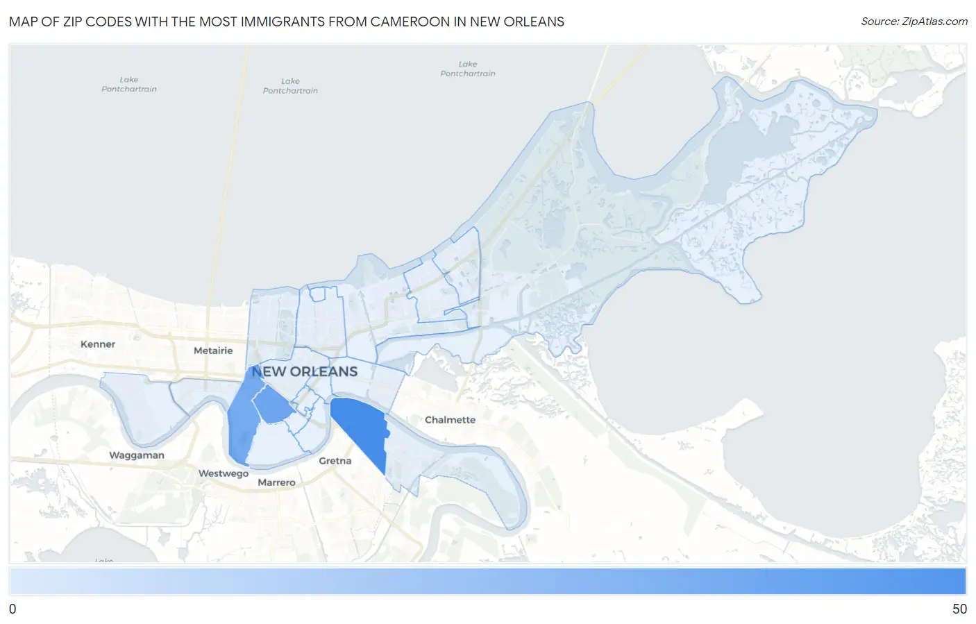 Zip Codes with the Most Immigrants from Cameroon in New Orleans Map