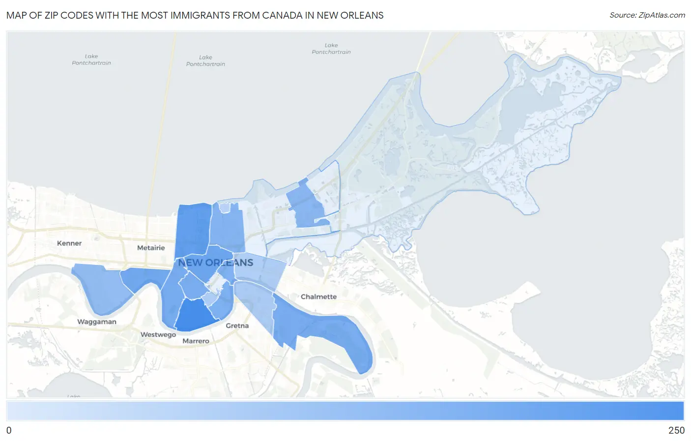 Zip Codes with the Most Immigrants from Canada in New Orleans Map