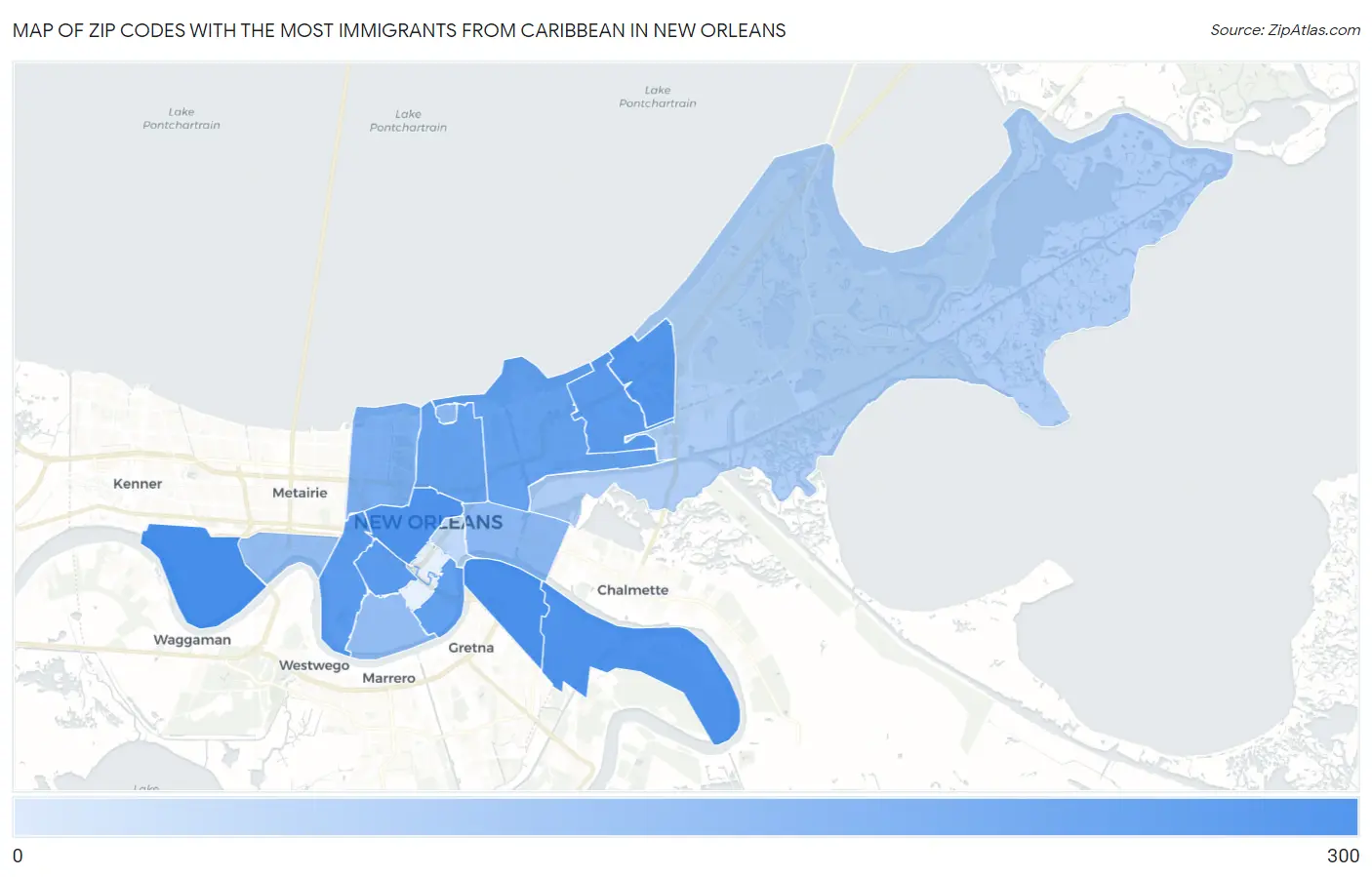 Zip Codes with the Most Immigrants from Caribbean in New Orleans Map