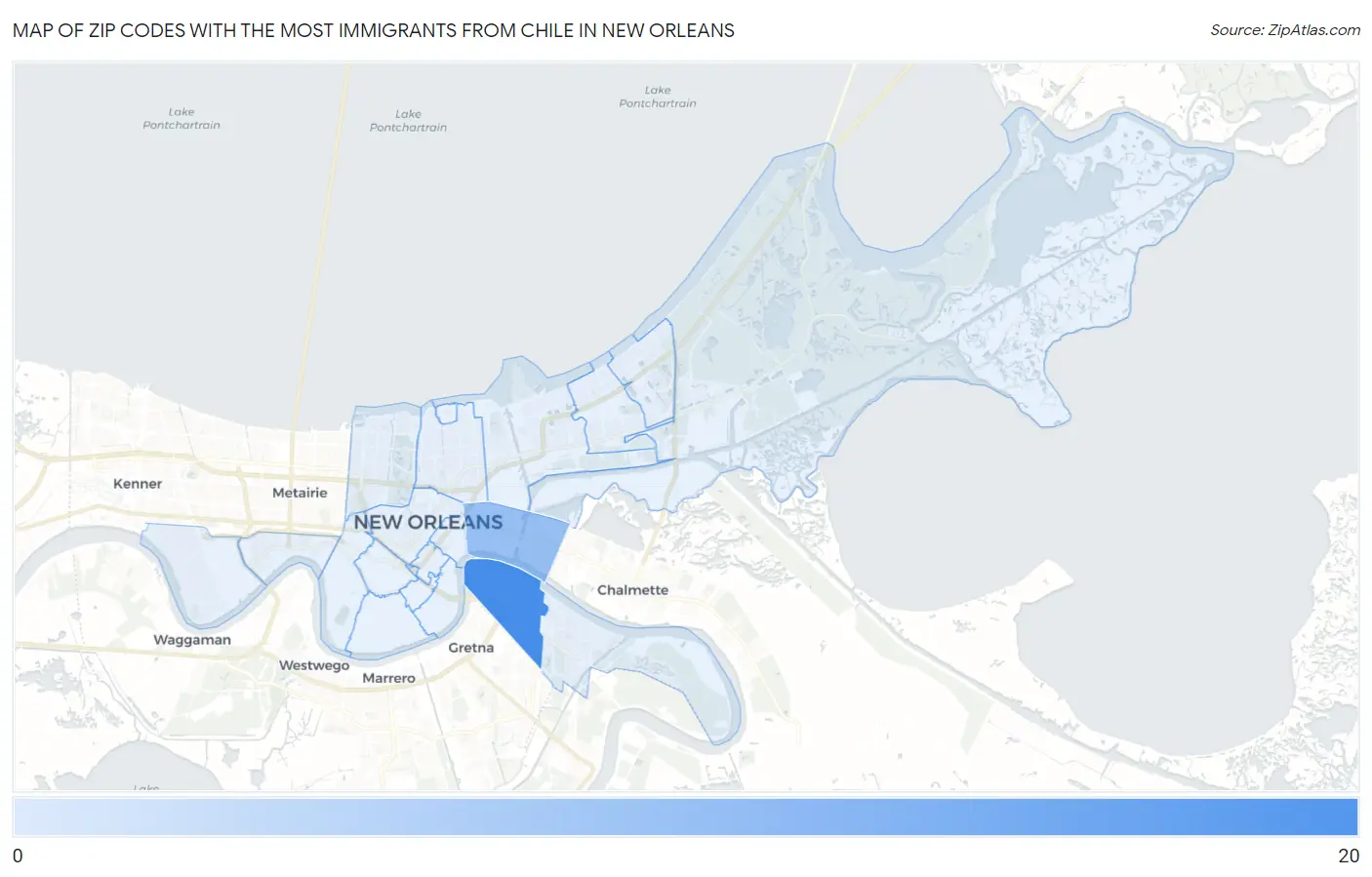 Zip Codes with the Most Immigrants from Chile in New Orleans Map