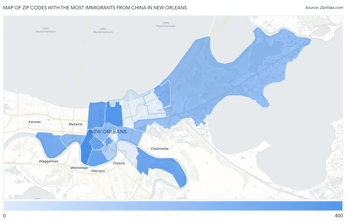 Zip Codes with the Most Immigrants from China in New Orleans Map