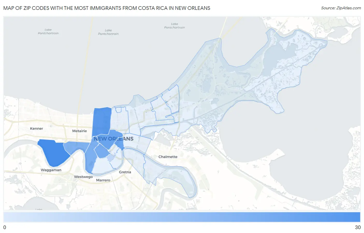 Zip Codes with the Most Immigrants from Costa Rica in New Orleans Map