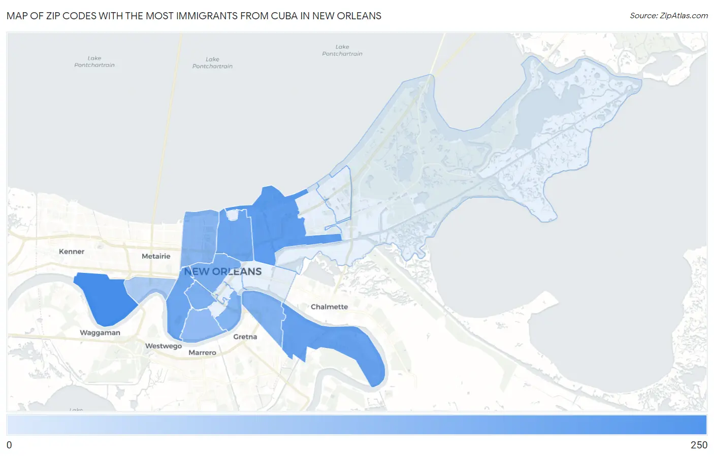 Zip Codes with the Most Immigrants from Cuba in New Orleans Map