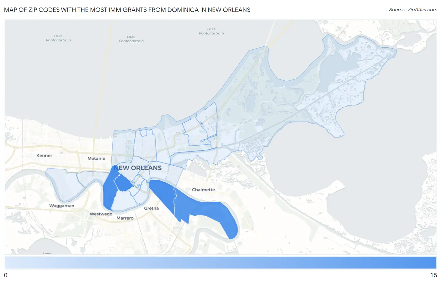 Zip Codes with the Most Immigrants from Dominica in New Orleans Map