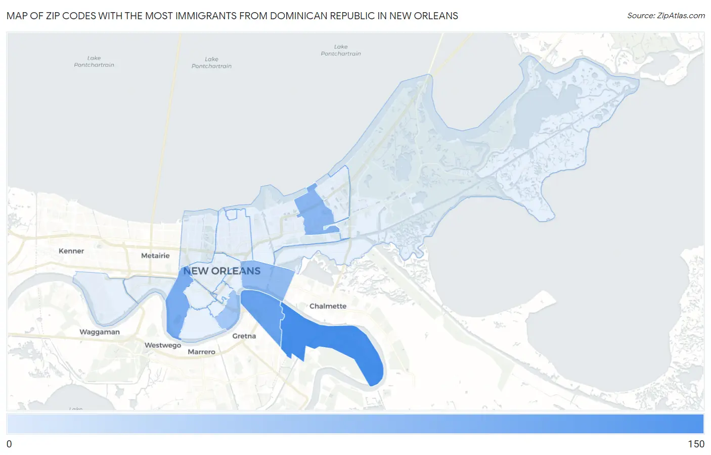 Zip Codes with the Most Immigrants from Dominican Republic in New Orleans Map