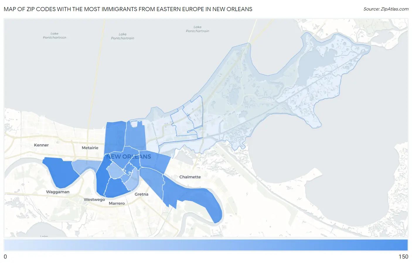 Zip Codes with the Most Immigrants from Eastern Europe in New Orleans Map