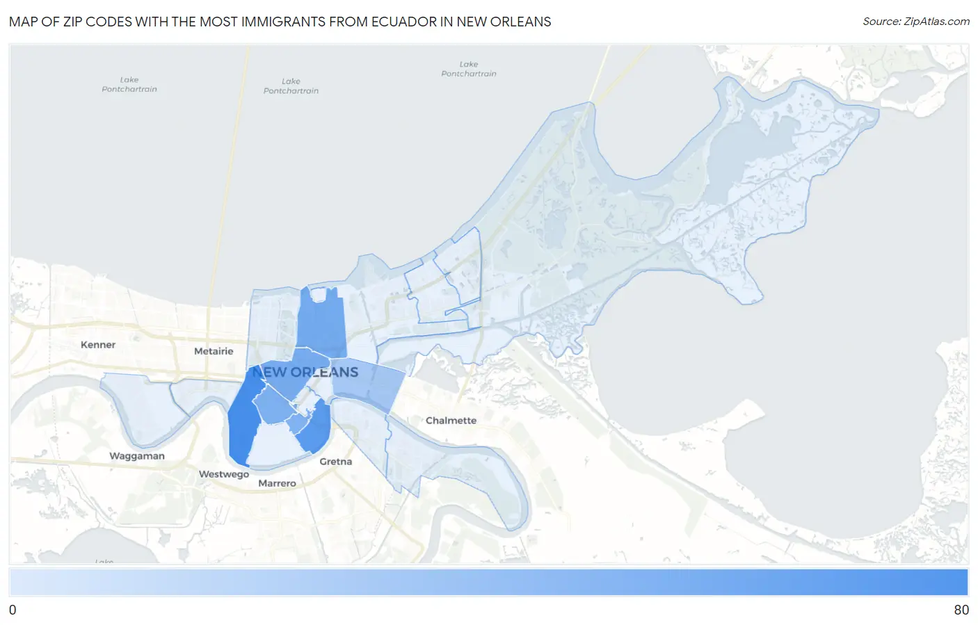 Zip Codes with the Most Immigrants from Ecuador in New Orleans Map