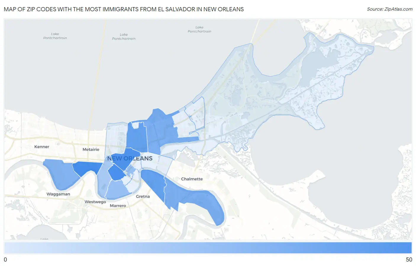 Zip Codes with the Most Immigrants from El Salvador in New Orleans Map