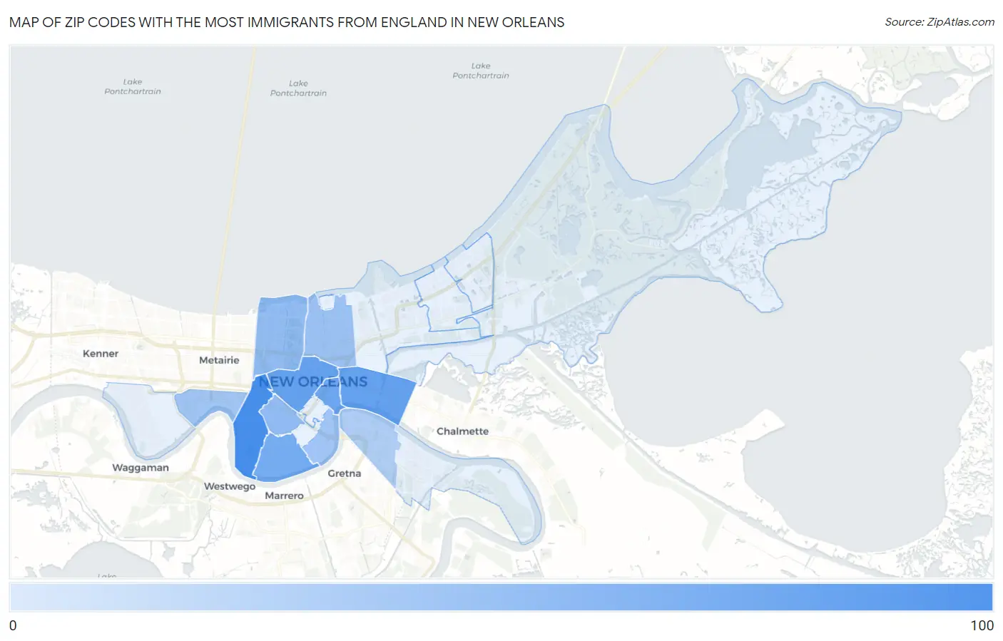 Zip Codes with the Most Immigrants from England in New Orleans Map