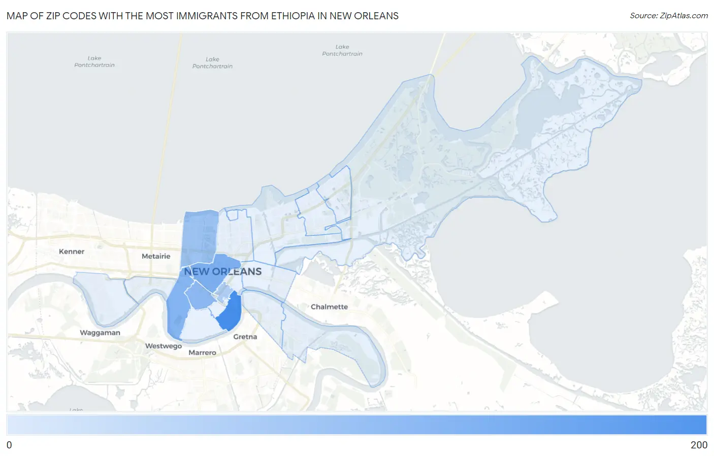 Zip Codes with the Most Immigrants from Ethiopia in New Orleans Map