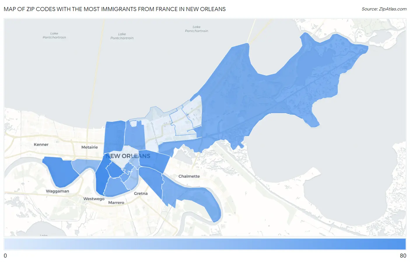Zip Codes with the Most Immigrants from France in New Orleans Map