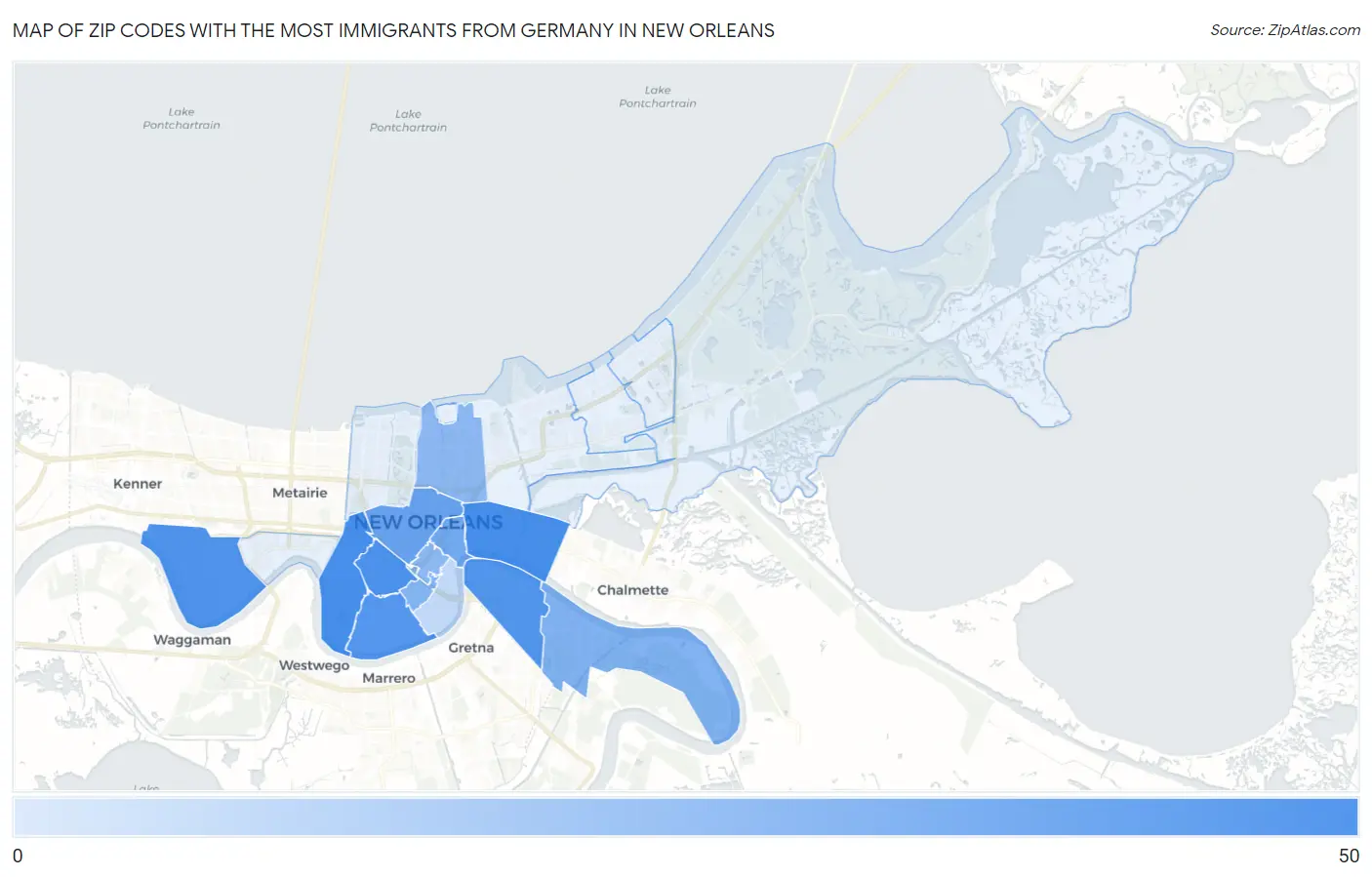 Zip Codes with the Most Immigrants from Germany in New Orleans Map