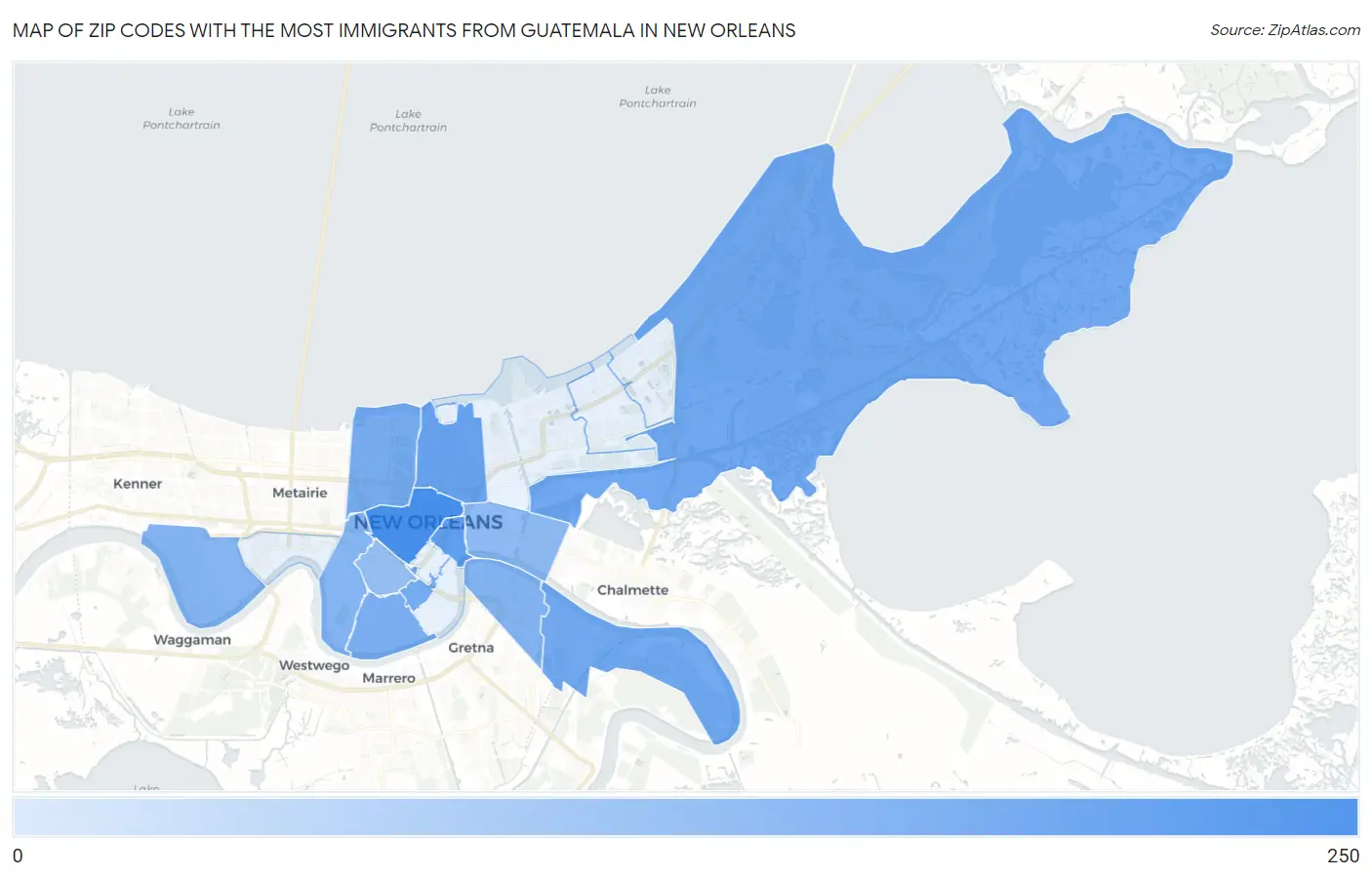 Zip Codes with the Most Immigrants from Guatemala in New Orleans Map