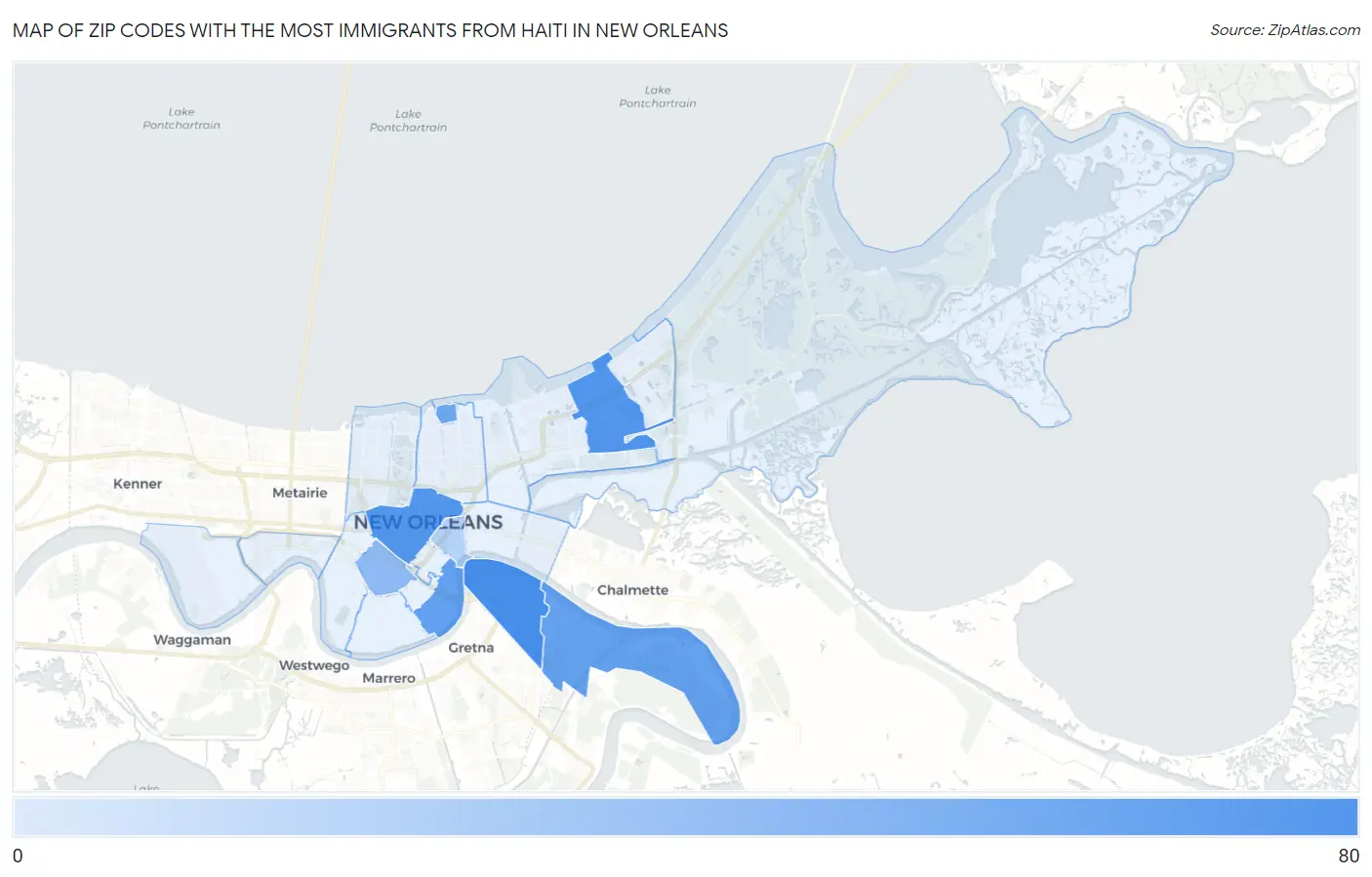 Zip Codes with the Most Immigrants from Haiti in New Orleans Map