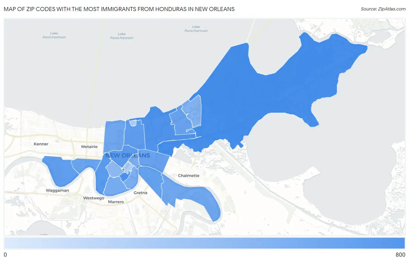 Zip Codes with the Most Immigrants from Honduras in New Orleans Map
