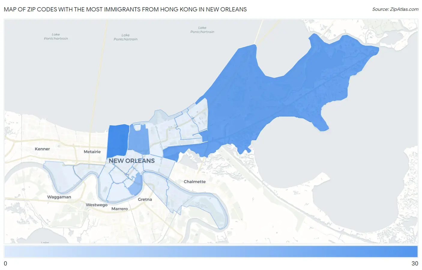 Zip Codes with the Most Immigrants from Hong Kong in New Orleans Map