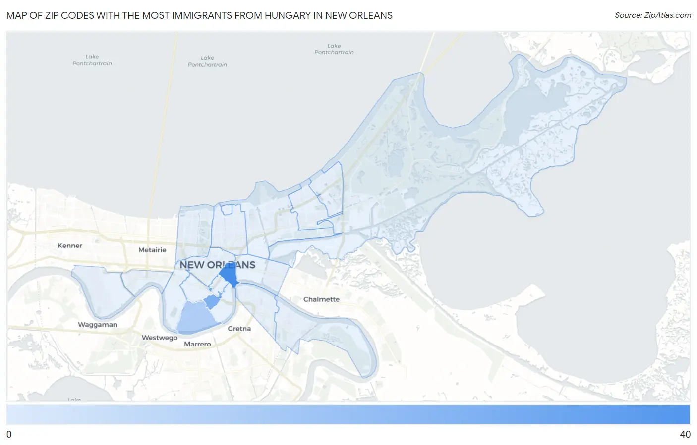 Zip Codes with the Most Immigrants from Hungary in New Orleans Map