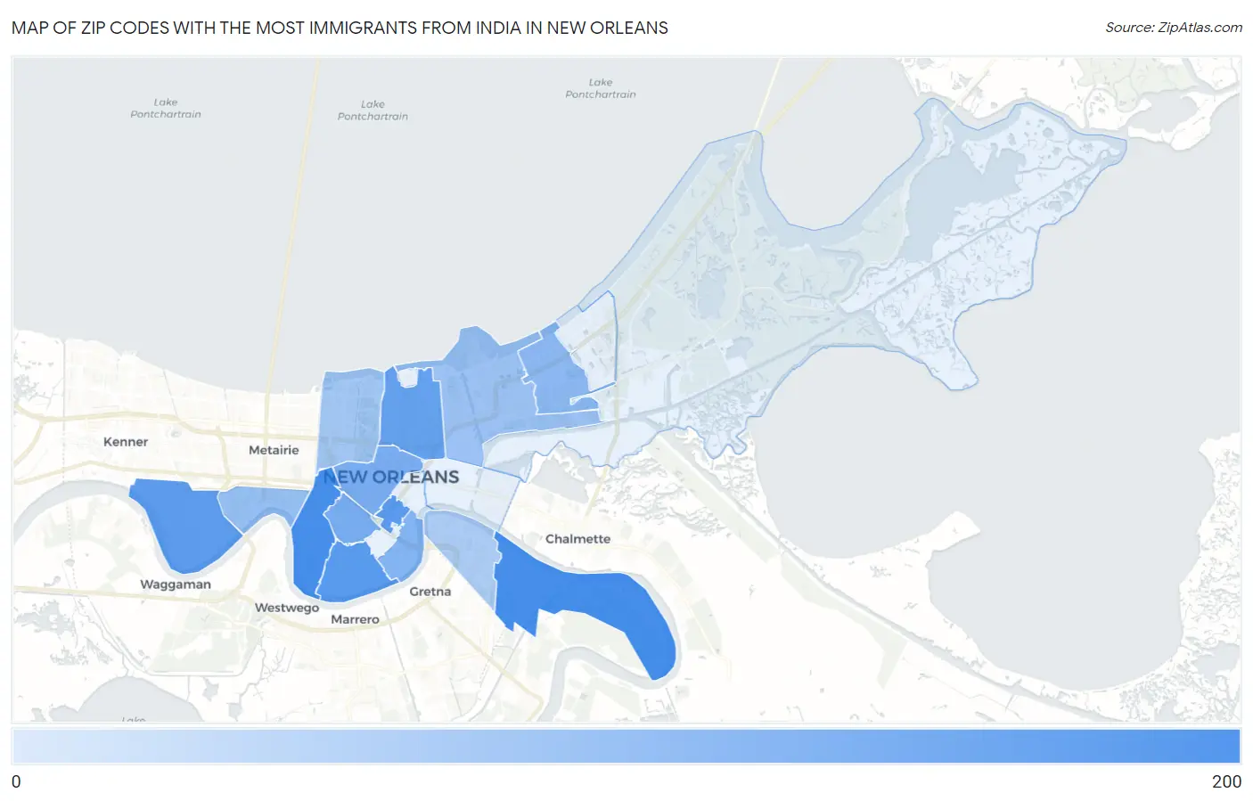 Zip Codes with the Most Immigrants from India in New Orleans Map
