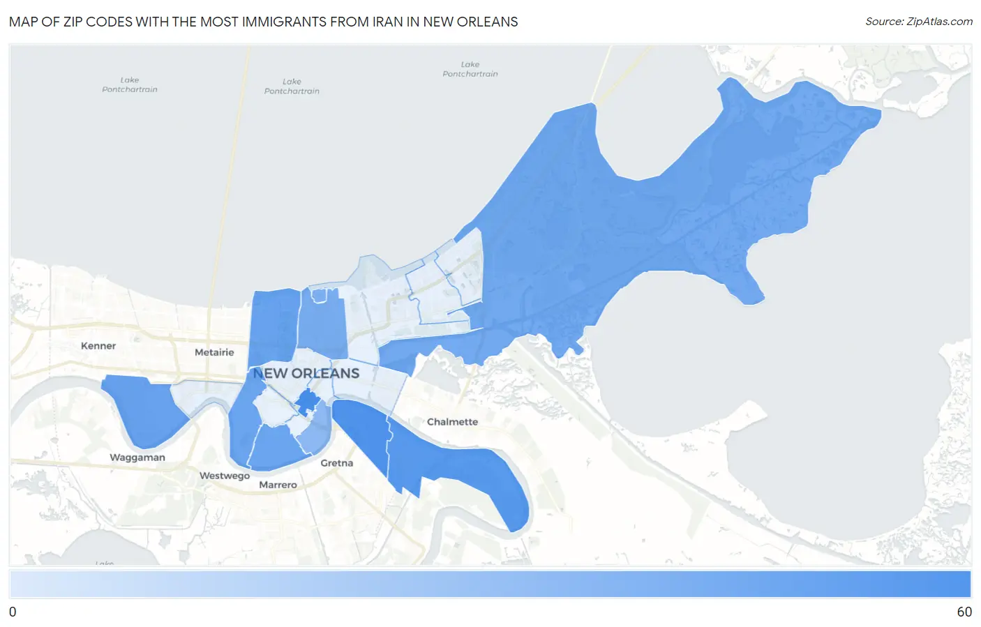 Zip Codes with the Most Immigrants from Iran in New Orleans Map