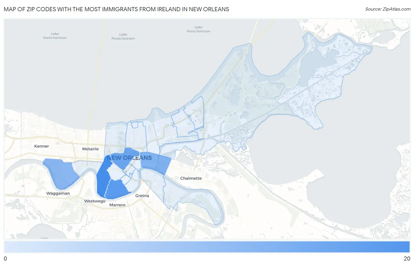 Zip Codes with the Most Immigrants from Ireland in New Orleans Map