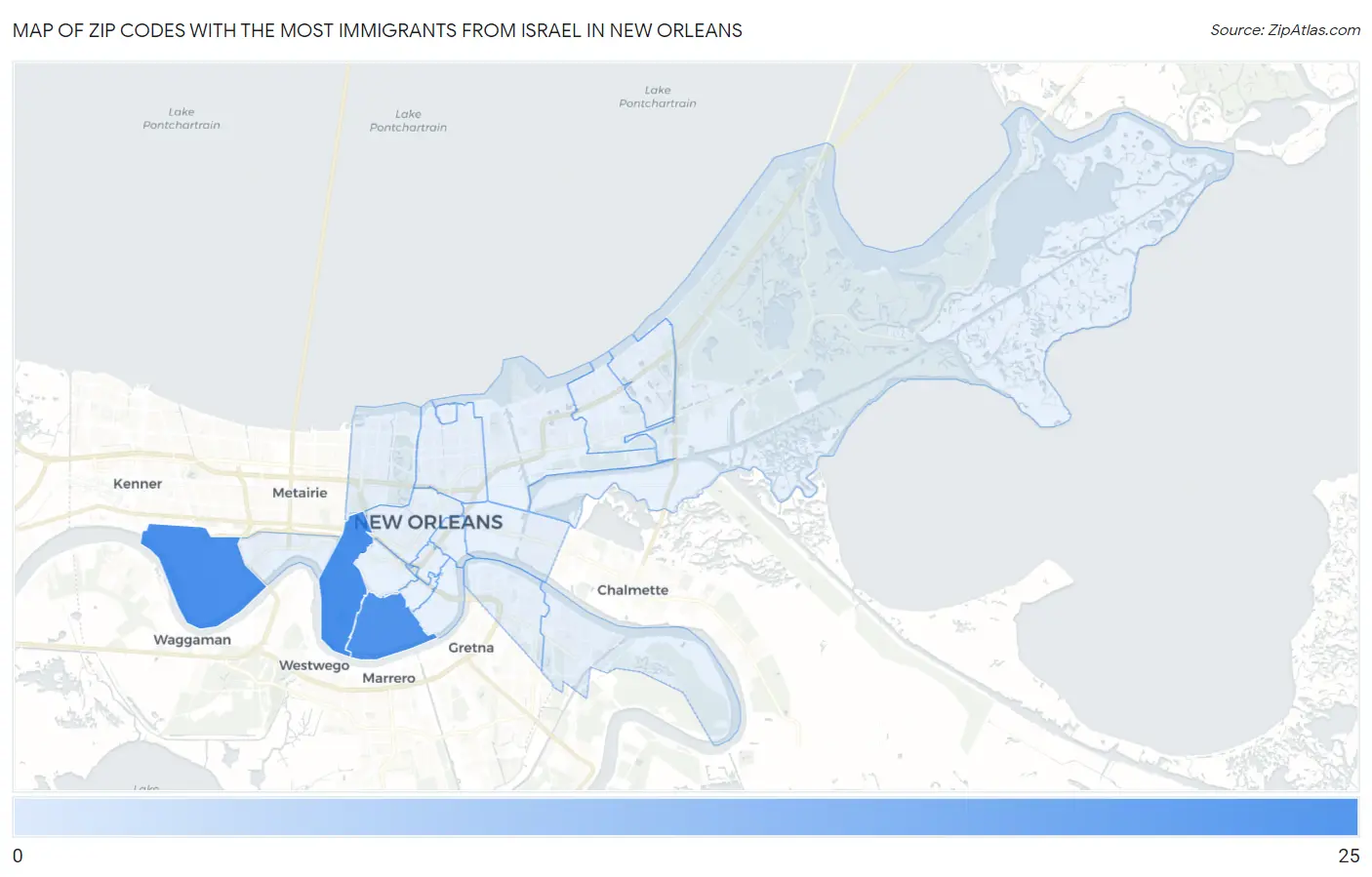 Zip Codes with the Most Immigrants from Israel in New Orleans Map