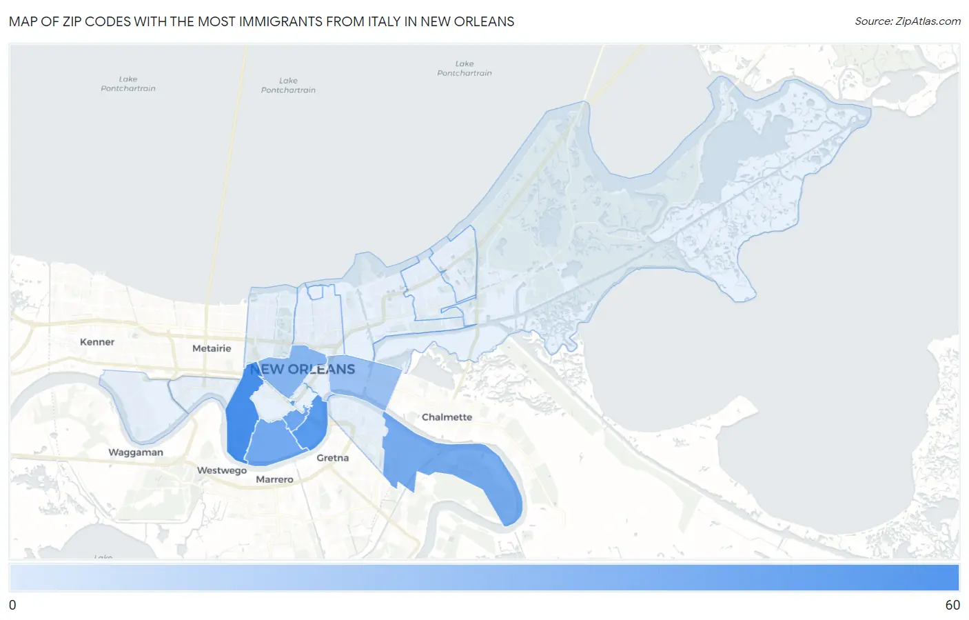 Zip Codes with the Most Immigrants from Italy in New Orleans Map