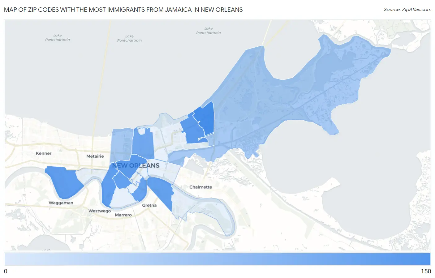 Zip Codes with the Most Immigrants from Jamaica in New Orleans Map