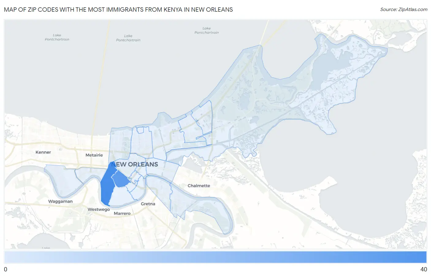 Zip Codes with the Most Immigrants from Kenya in New Orleans Map