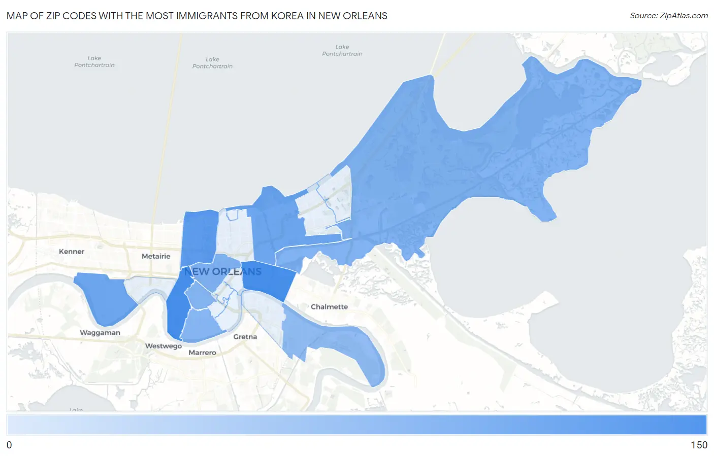Zip Codes with the Most Immigrants from Korea in New Orleans Map