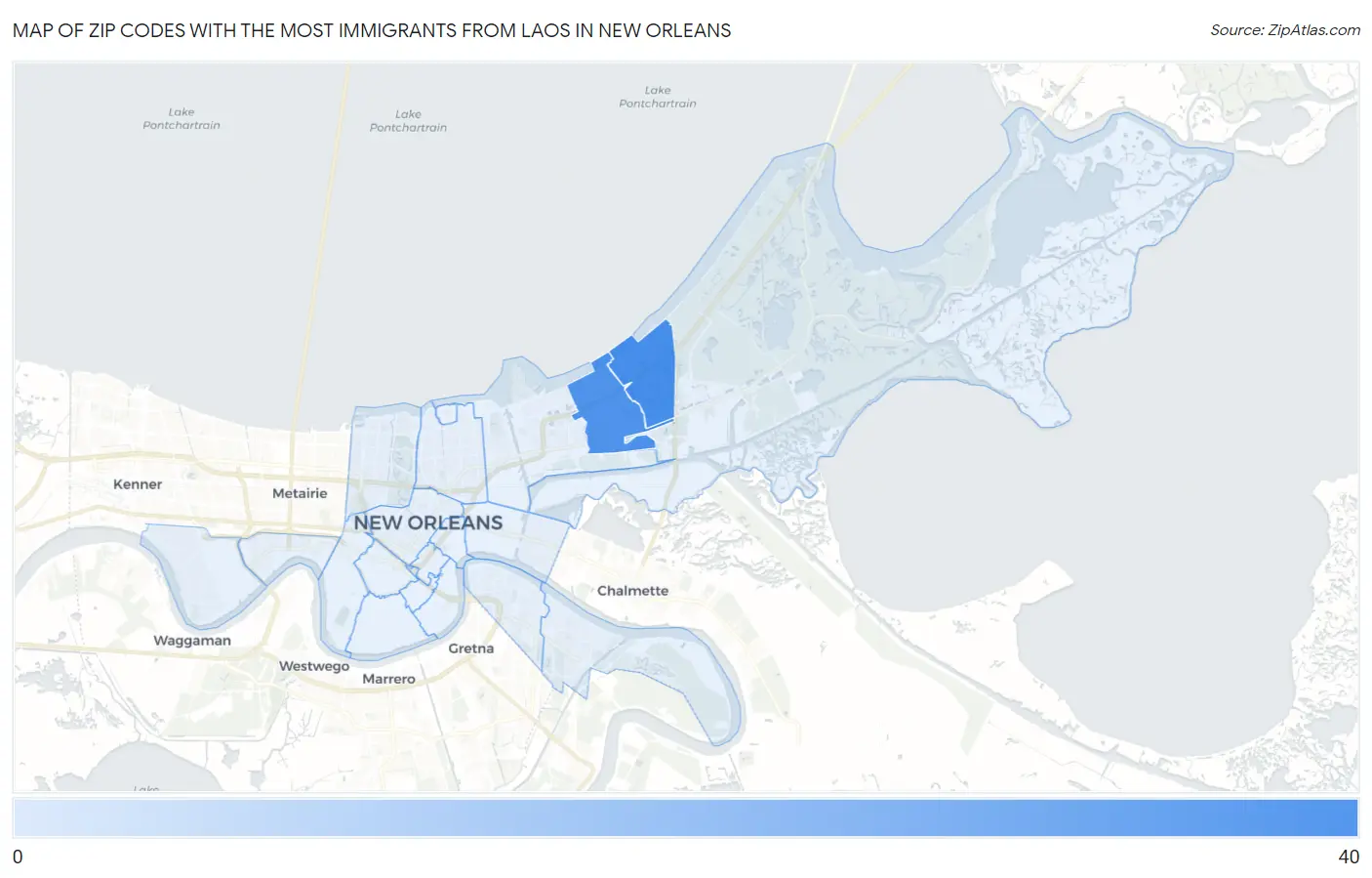 Zip Codes with the Most Immigrants from Laos in New Orleans Map