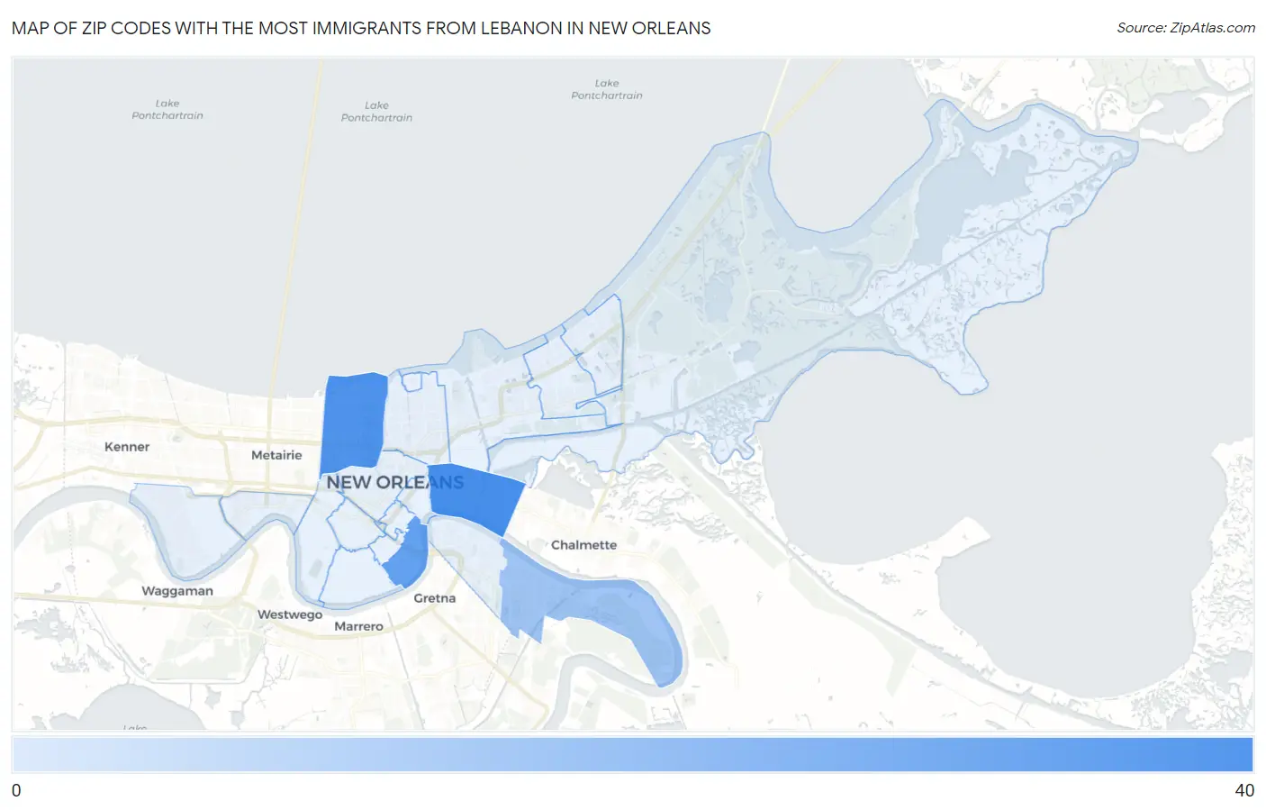Zip Codes with the Most Immigrants from Lebanon in New Orleans Map