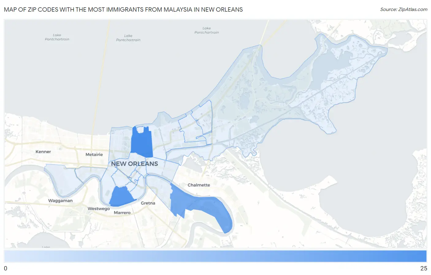 Zip Codes with the Most Immigrants from Malaysia in New Orleans Map