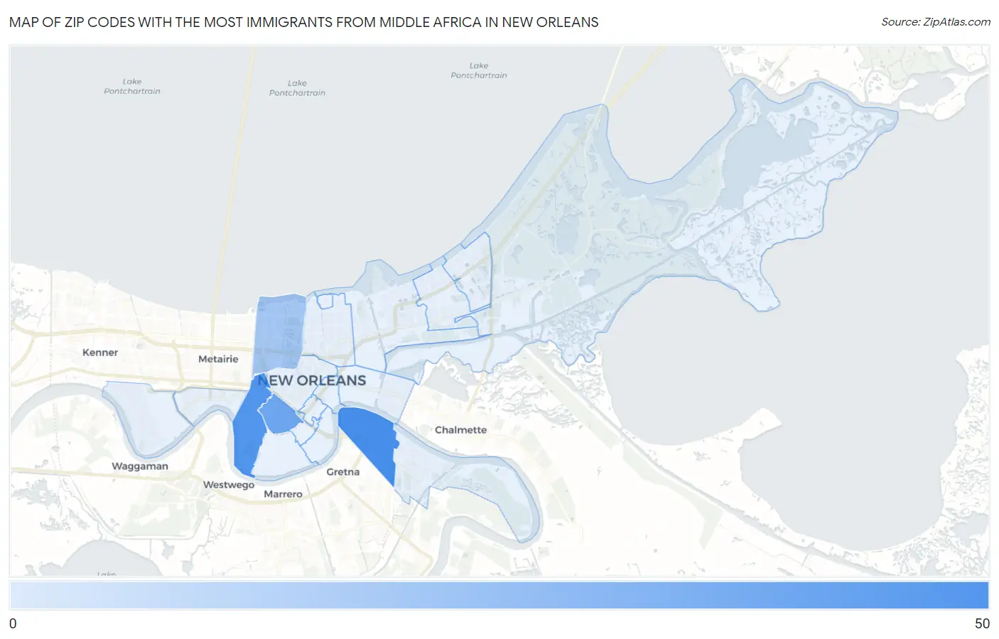 Zip Codes with the Most Immigrants from Middle Africa in New Orleans Map