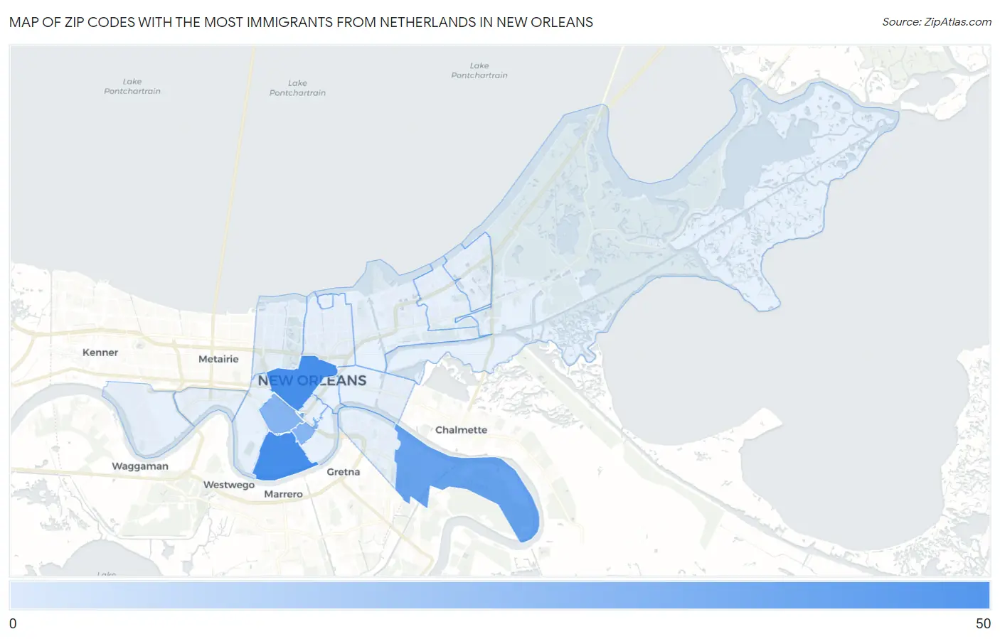 Zip Codes with the Most Immigrants from Netherlands in New Orleans Map
