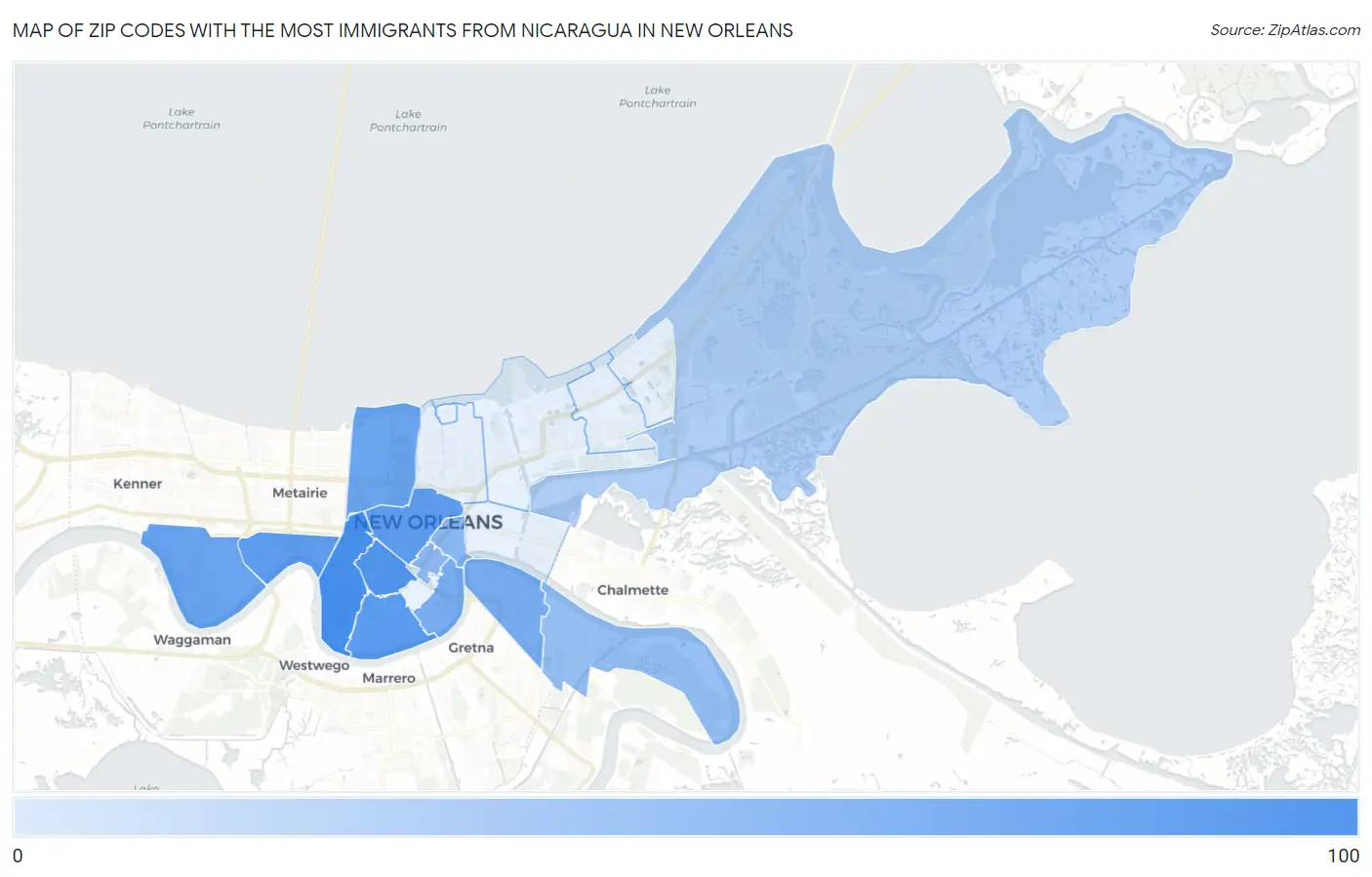 Zip Codes with the Most Immigrants from Nicaragua in New Orleans Map