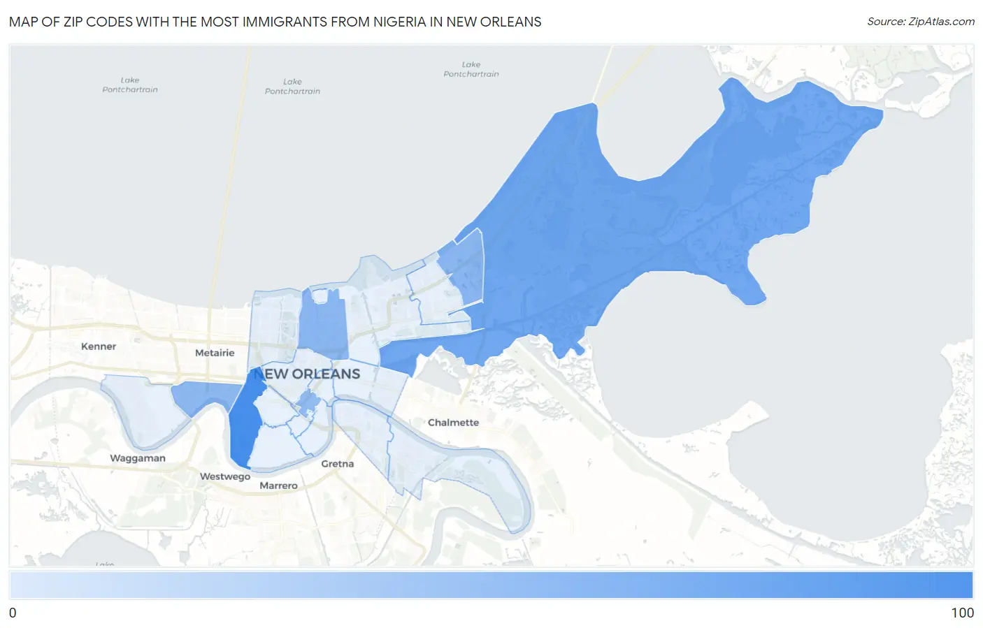 Zip Codes with the Most Immigrants from Nigeria in New Orleans Map