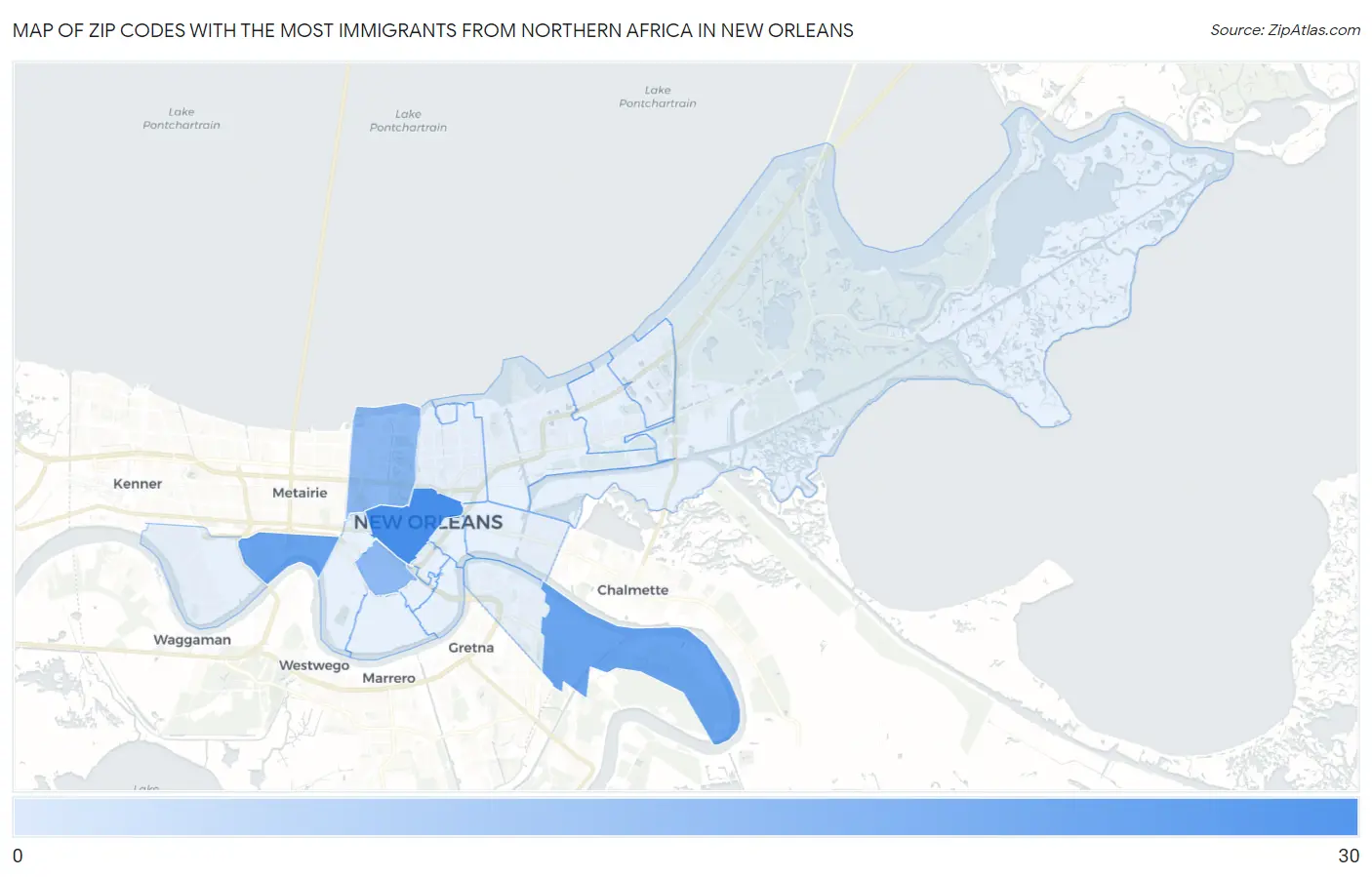 Zip Codes with the Most Immigrants from Northern Africa in New Orleans Map