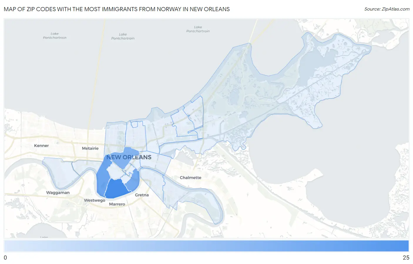 Zip Codes with the Most Immigrants from Norway in New Orleans Map