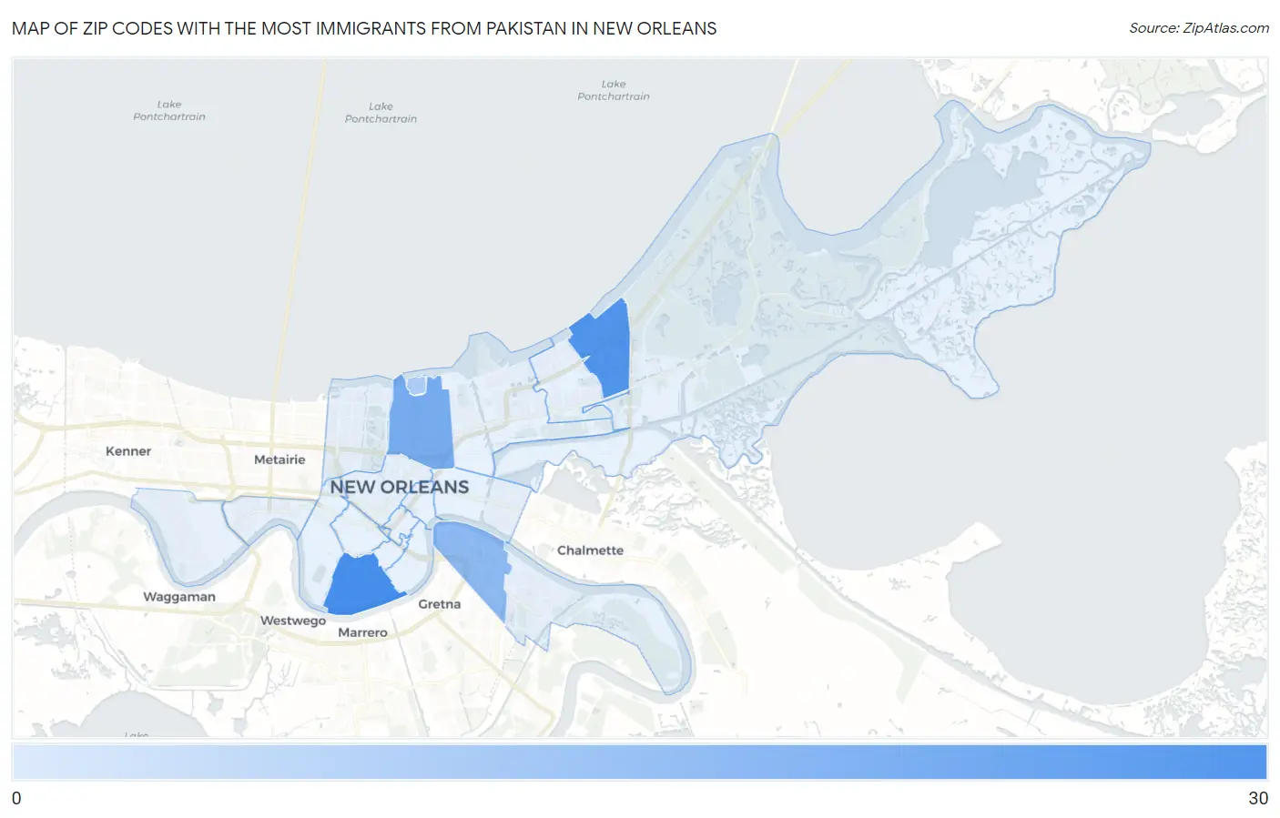 Zip Codes with the Most Immigrants from Pakistan in New Orleans Map
