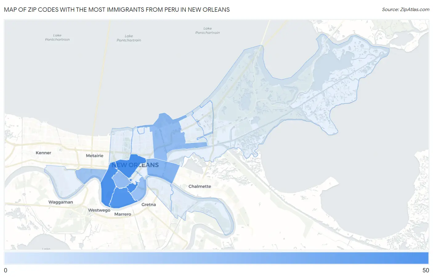 Zip Codes with the Most Immigrants from Peru in New Orleans Map