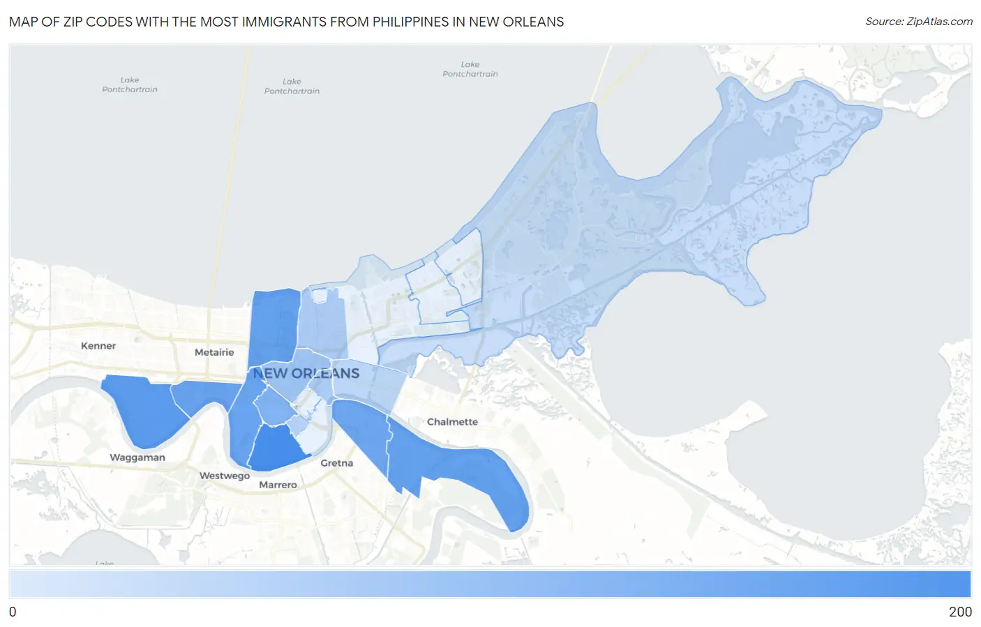 Zip Codes with the Most Immigrants from Philippines in New Orleans Map